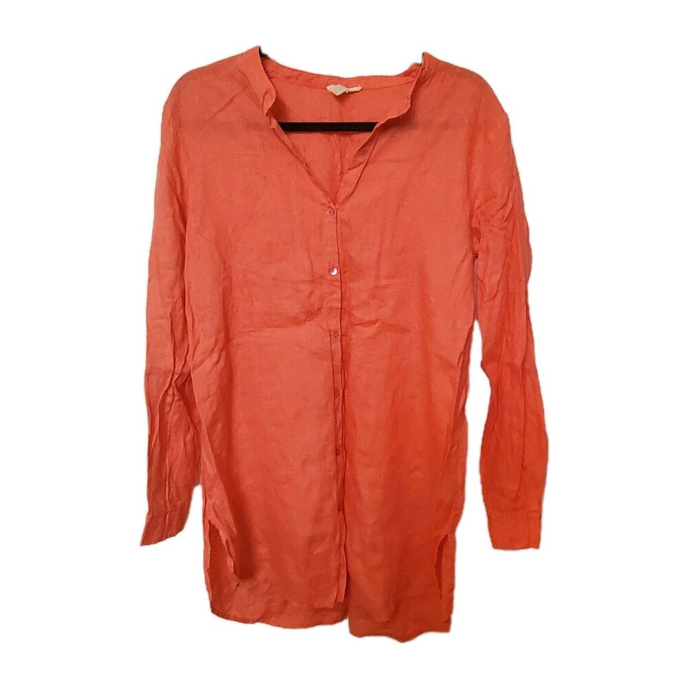 Eileen Fisher Organic Linen Long Sleeve Button Up Shirt Pink Medium Layer Top